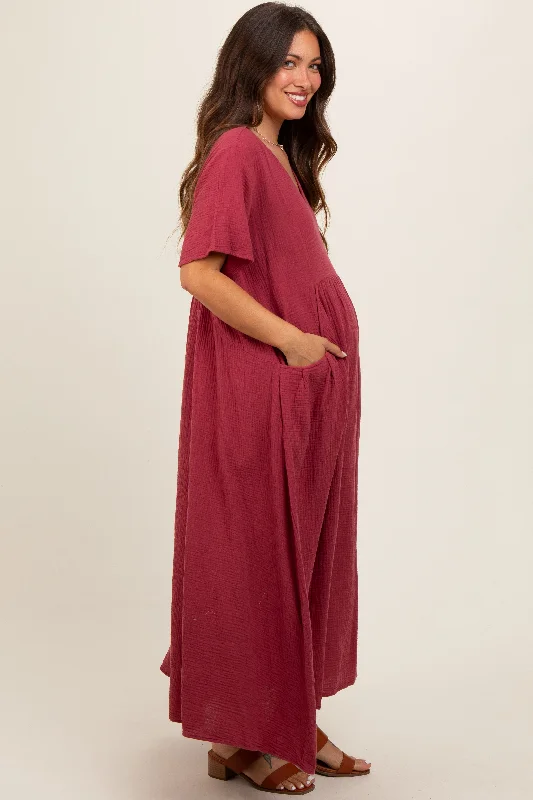 red-gauze-short-sleeve-maternity-midi-dress