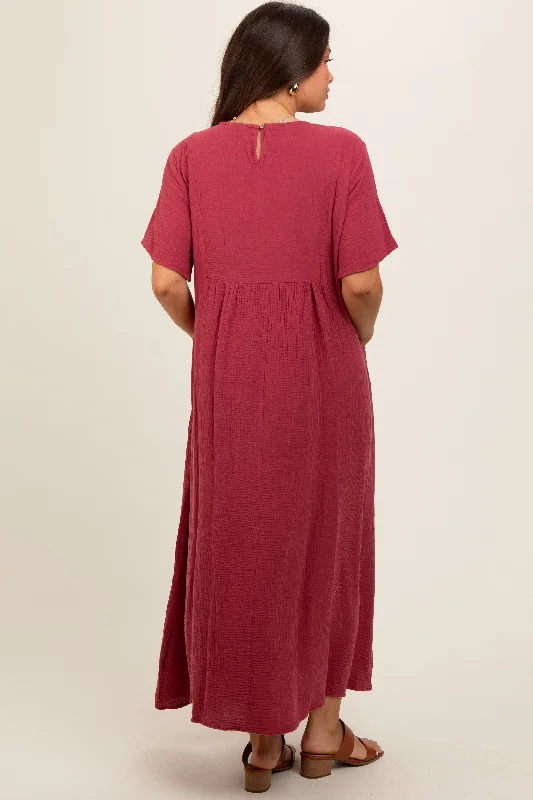 red-gauze-short-sleeve-maternity-midi-dress