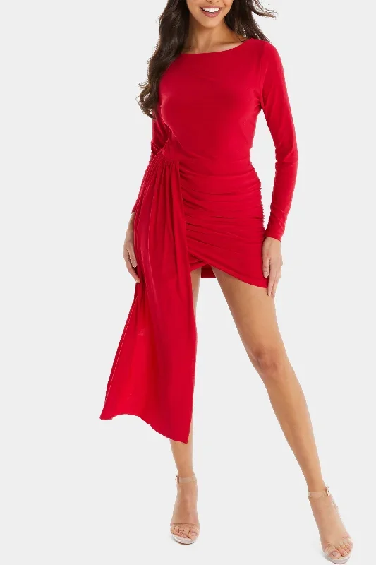 Red Ity Ruched Skirt Long Sleeve Bodycon Dress With Sash