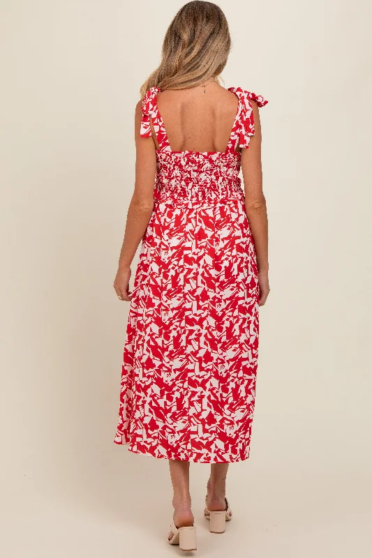 red-printed-smocked-shoulder-tie-maternity-midi-dress