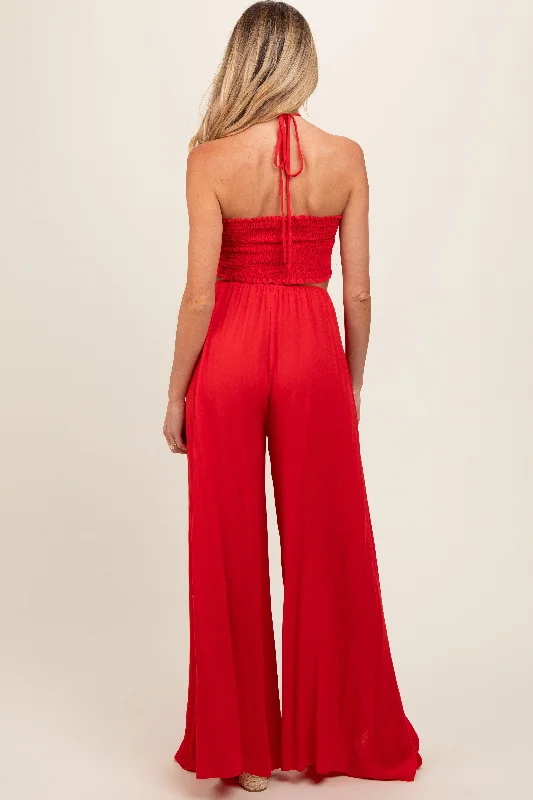 red-smocked-drawstring-halter-side-cutout-maternity-jumpsuit