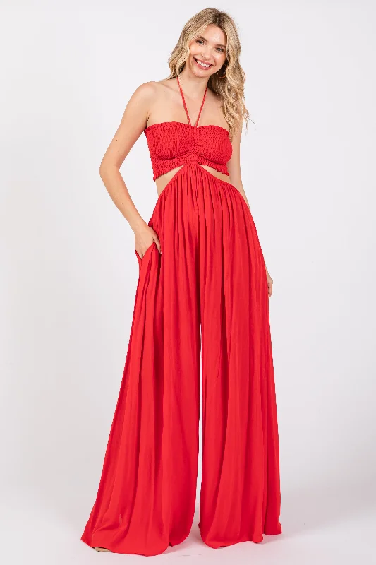 red-smocked-drawstring-halter-side-cutout-maternity-jumpsuit