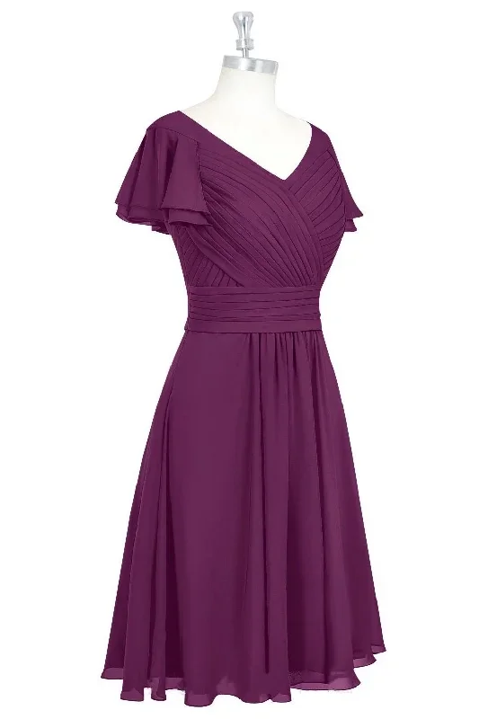 red-v-neck-ruffled-a-line-short-bridesmaid-dress