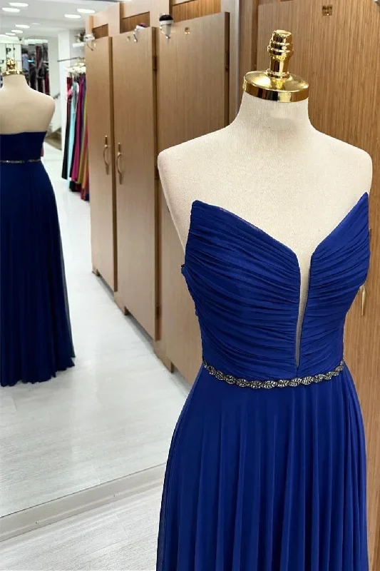 royal-blue-strapless-chiffon-wedding-guest-dress-with-beaded-sash