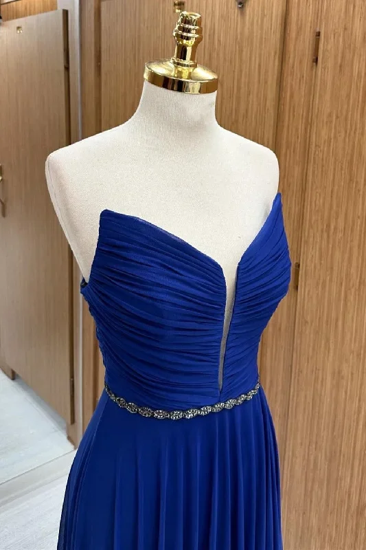 royal-blue-strapless-chiffon-wedding-guest-dress-with-beaded-sash