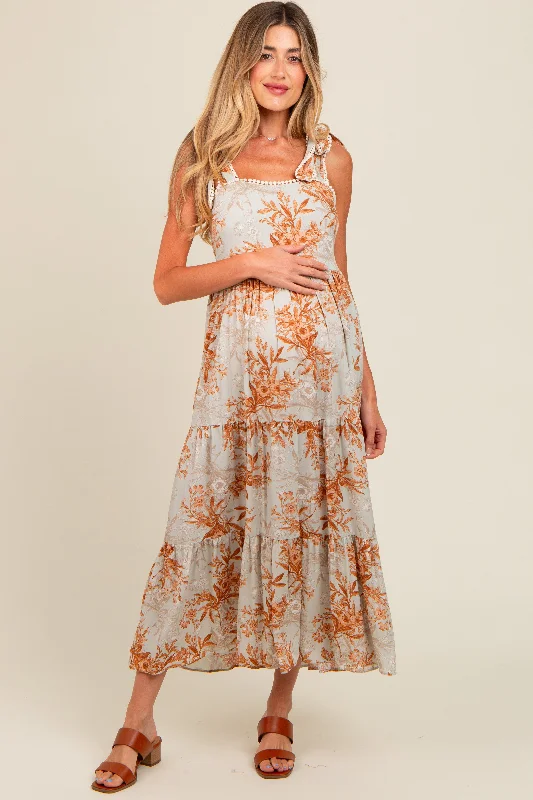 Rust Crochet Trim Floral Maternity Maxi Dress