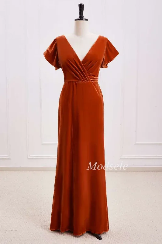 Rust Orange Velvet Surplice Backless Bridesmaid Dress