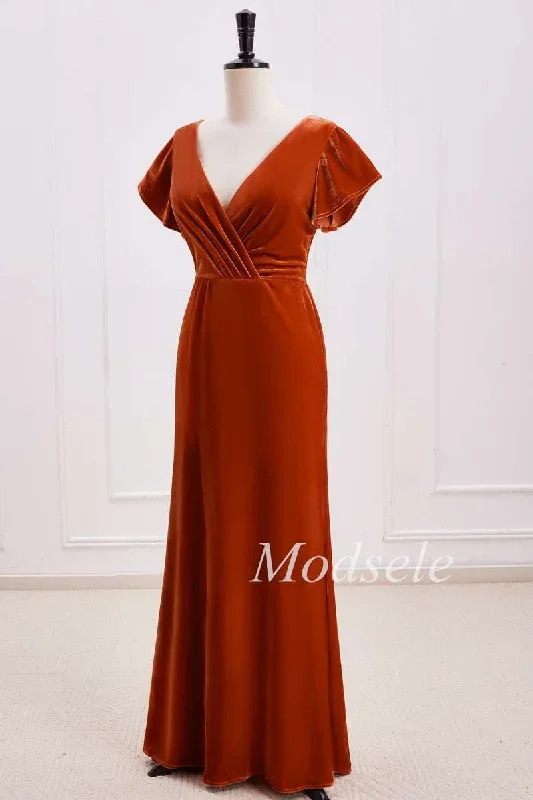 rust-orange-velvet-surplice-backless-bridesmaid-dress