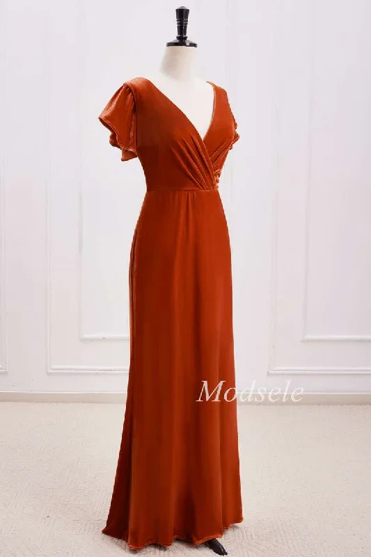 rust-orange-velvet-surplice-backless-bridesmaid-dress