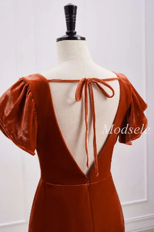 rust-orange-velvet-surplice-backless-bridesmaid-dress