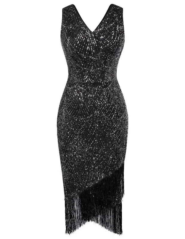 sequined-party-dress-sleeveless-v-neck-tassel-decorated-wrap-hem-dress