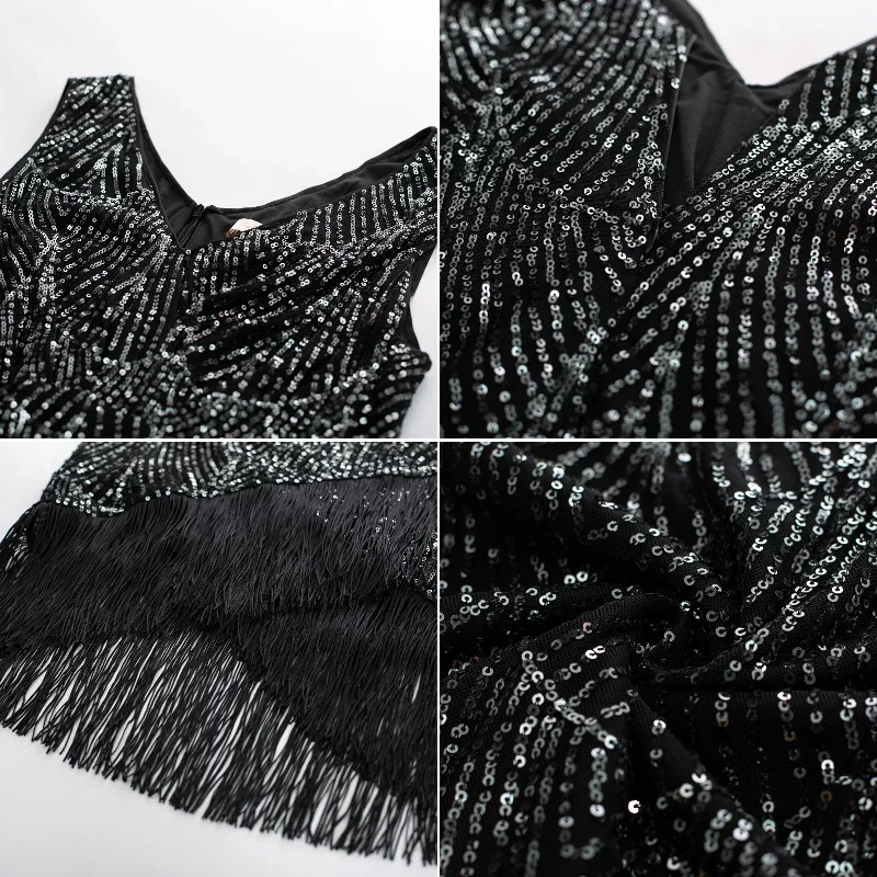 sequined-party-dress-sleeveless-v-neck-tassel-decorated-wrap-hem-dress