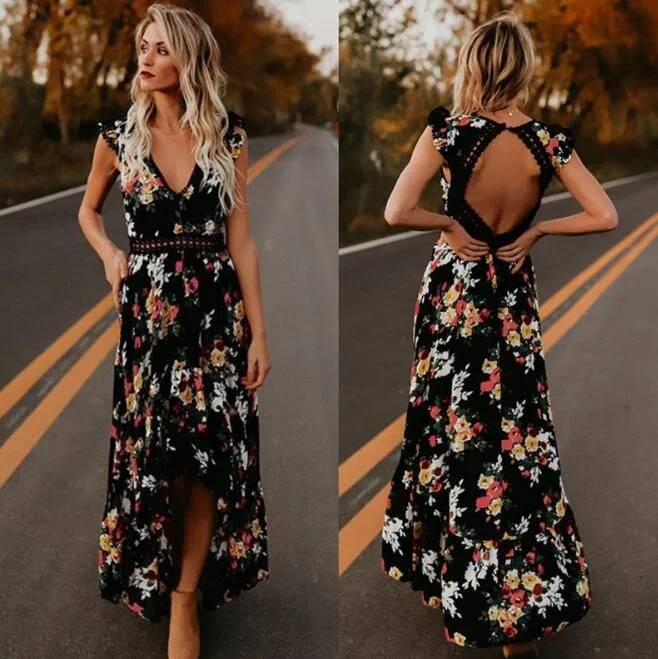 Sexy Deep V-neck Flower Print Summer Dress Woman Boho Beach Style Irregular Ruffles A-Line Vintage Maxi Dresses