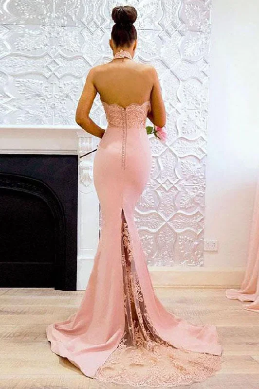 sexy-mermaid-pink-long-bridesmaid-dress-with-high-neckline