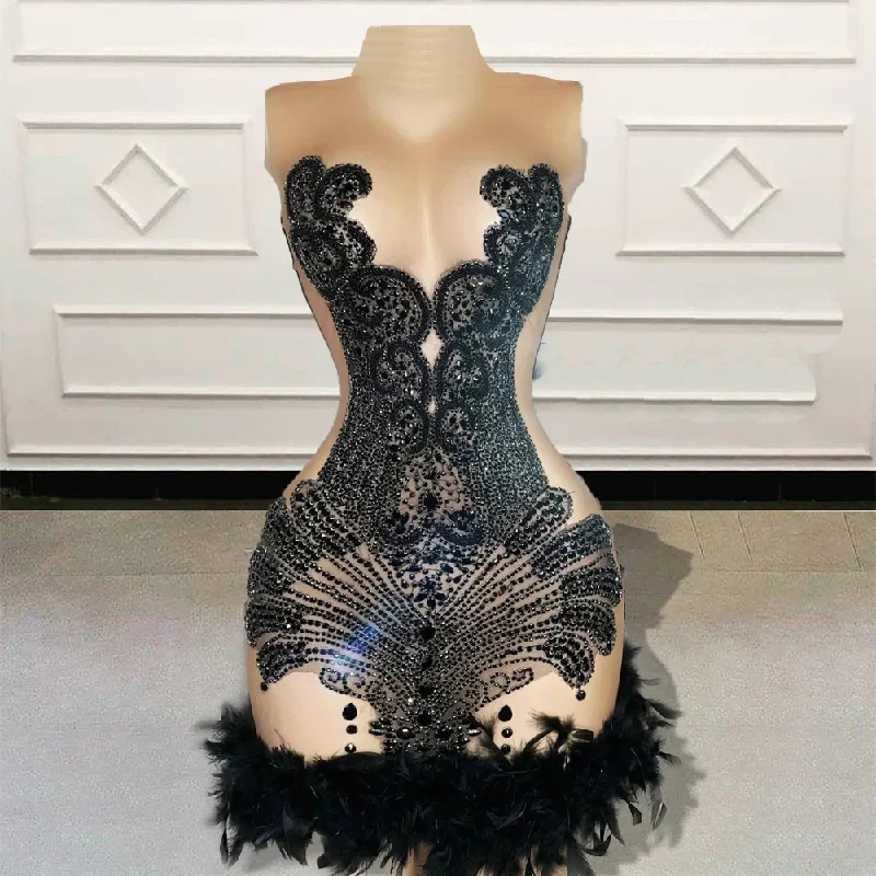 Sexy See Through Short Prom Dress for Black Girl 2024 Luxury Beads Diamond Feathers Women Mini Cocktail Gowns for Birthday Party