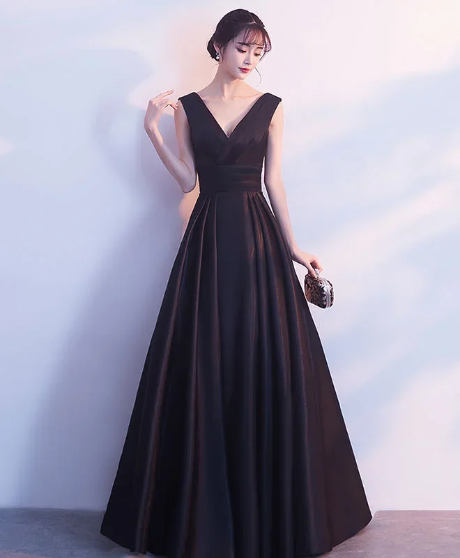 simple-black-v-neck-satin-long-prom-dress-black-bridesmaid-dress