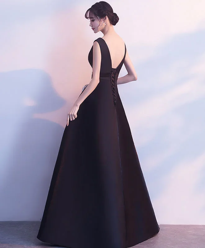 simple-black-v-neck-satin-long-prom-dress-black-bridesmaid-dress