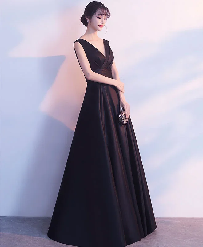 simple-black-v-neck-satin-long-prom-dress-black-bridesmaid-dress