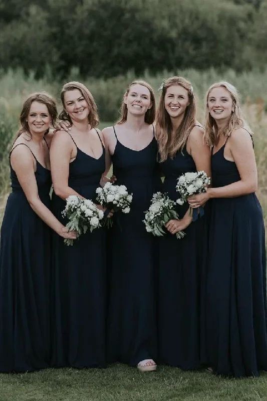 Simple Dark Navy V-Neck Long Bridesmaid Dress