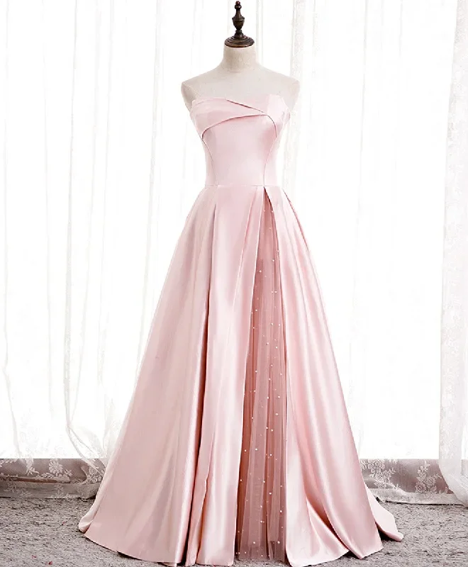 Simple Pink Satin Long Prom Dress, Pink Formal Bridesmaid Dress