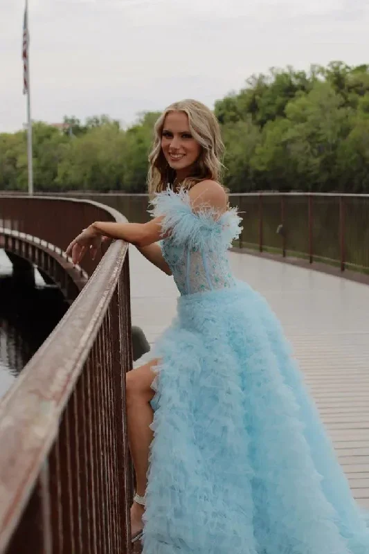 sky-blue-princess-slit-evening-dress-feathers-straps-tulle-beaded-tiered-long-prom-dress