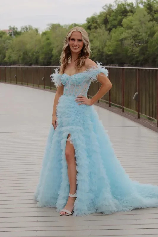 sky-blue-princess-slit-evening-dress-feathers-straps-tulle-beaded-tiered-long-prom-dress