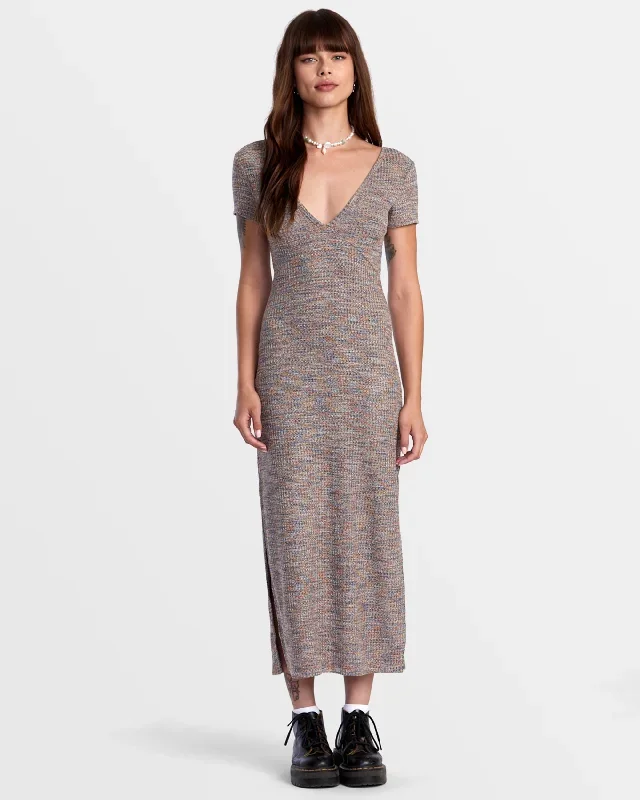 Smitten Marled V-Neck Midi Sweater Dress - Camel