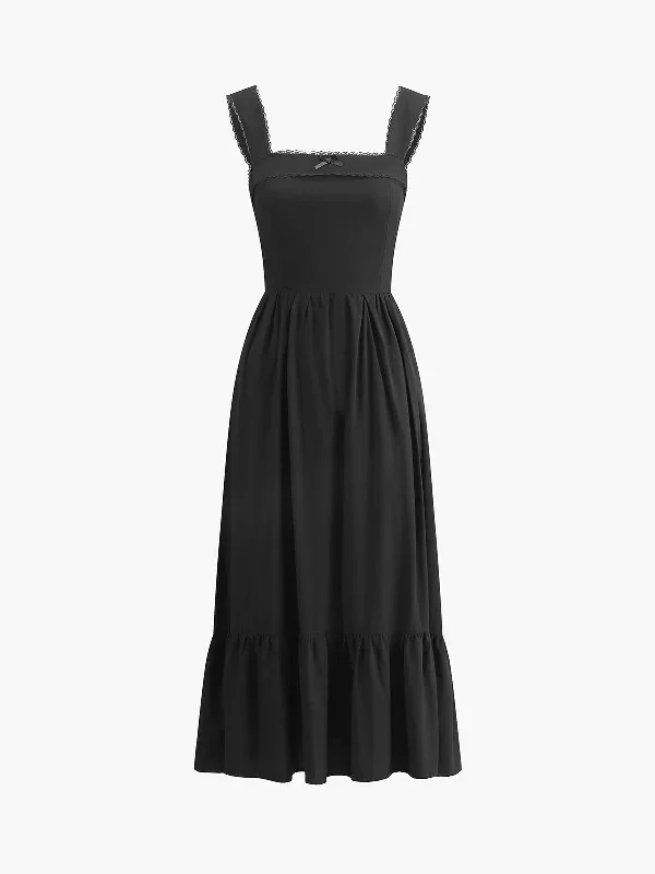 Solid Bow Decor Pleated Midi Dress