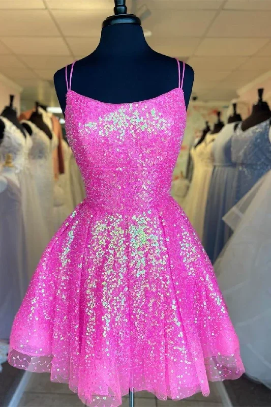 Sparkle A-line Barbie Pink Sequins Short Party Dress