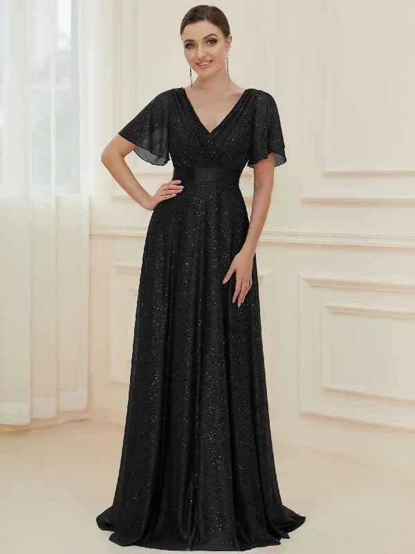 sparkling-short-sleeve-v-neck-ribbon-waist-a-line-evening-dress-ee50159