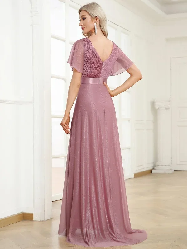 sparkling-short-sleeve-v-neck-ribbon-waist-a-line-evening-dress-ee50159