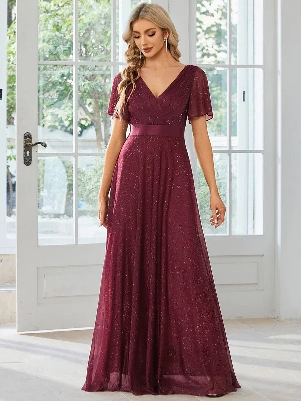 sparkling-short-sleeve-v-neck-ribbon-waist-a-line-evening-dress-ee50159