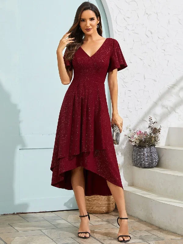 Sparkling V-Neck High-Low Wedding Guest Dress with Ruffled Sleeves