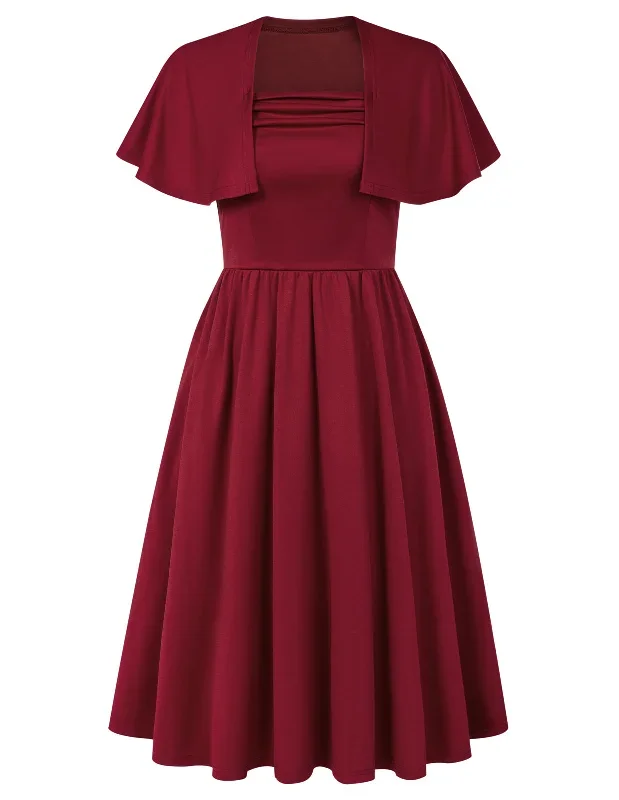 Vintage Square Neck Cape A-line Midi Dress Elegant Wedding Guest Cocktail Flowy Swing Dress