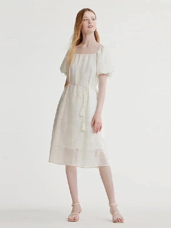 Square Neck Embroidered Midi Dress With Belt