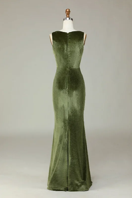 square-neck-olive-green-velvet-slit-long-bridesmaid-dress