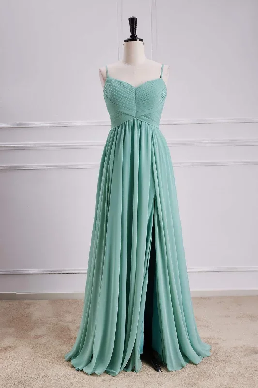 Straps Sage Chiffon Pleated Long Bridesmaid Dress