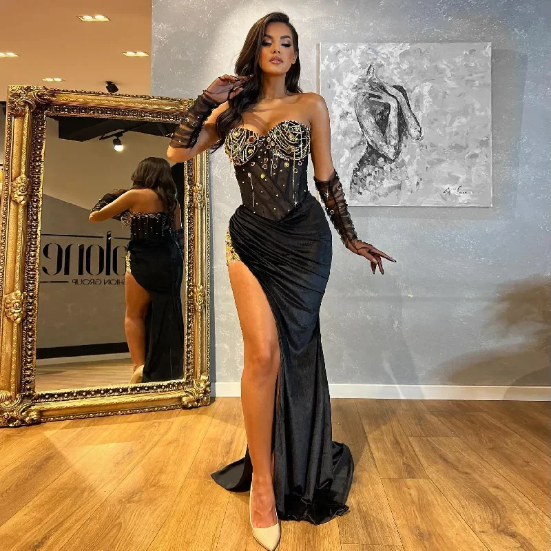 Stunning Colorful Crystals Beading Prom Dress 2024 Sweetheart Slit Long Party Dress Lace Up Mermaid Evening Dresses with Gloves