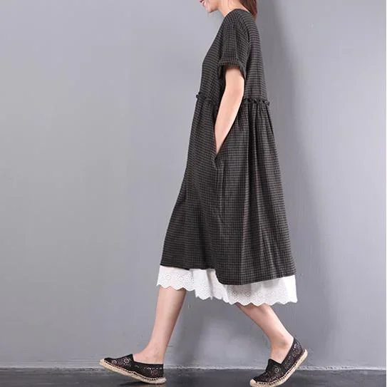 summer black plaid lace patchwork cotton dresses plus size casual sundress short sleeve maxi dress