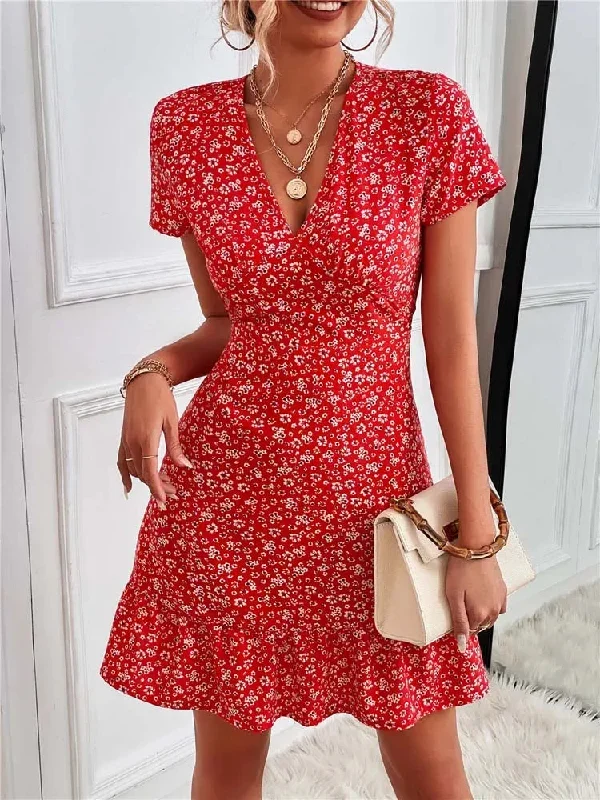 FashionSierra - 2024 Summer Short V-Neck Floral Ladies Mini Boho Dress