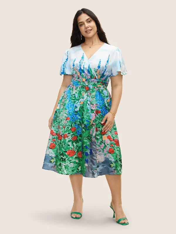 Surplice Neck Floral Ruched Midi Dress