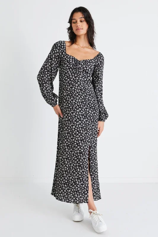 Sweetheart Black Ditsy LS Midi Dress