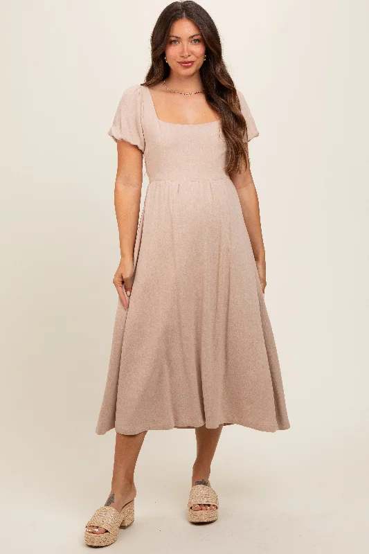 taupe-puff-sleeve-linen-maternity-midi-dress