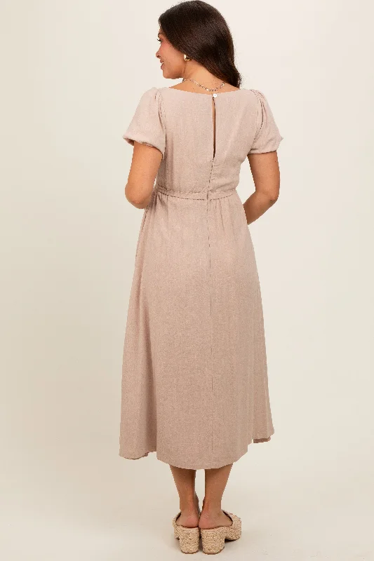 taupe-puff-sleeve-linen-maternity-midi-dress