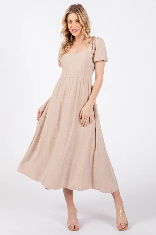 taupe-puff-sleeve-linen-maternity-midi-dress