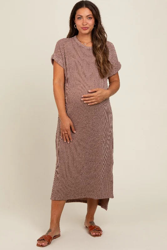 Taupe Ribbed Short Sleeve Maternity Midi Dress