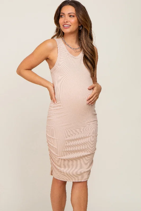 taupe-ribbed-sleeveless-maternity-dress