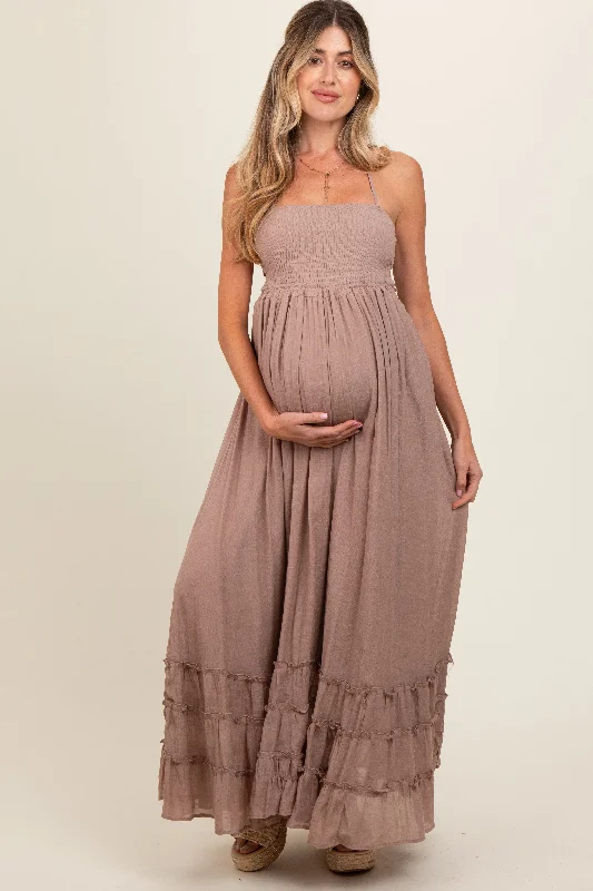 taupe-smocked-halter-cutout-maternity-maxi-dress