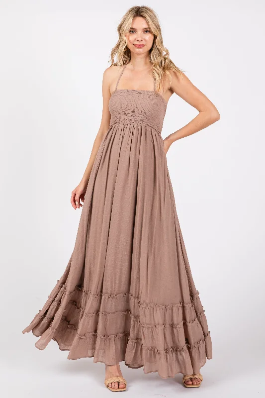 taupe-smocked-halter-cutout-maternity-maxi-dress