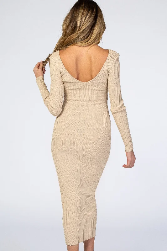 taupe-v-neck-long-sleeve-fitted-maternity-maxi-dress